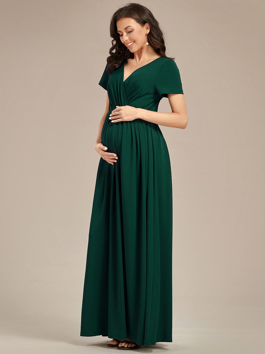 Comfortable Pleated V-Neck Short Sleeve Maternity Dress #color_Dark Green