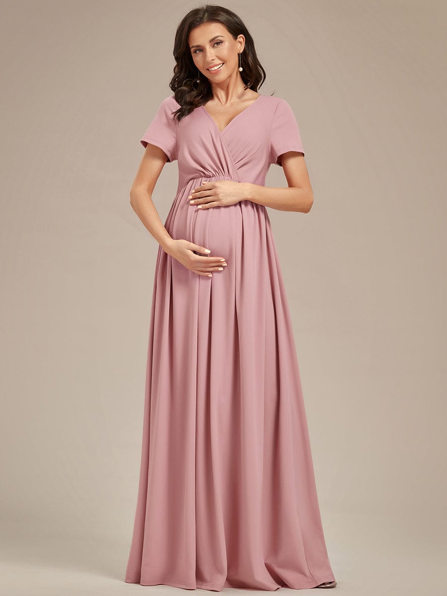 Comfortable Pleated V-Neck Short Sleeve Maternity Dress #color_Dusty Rose