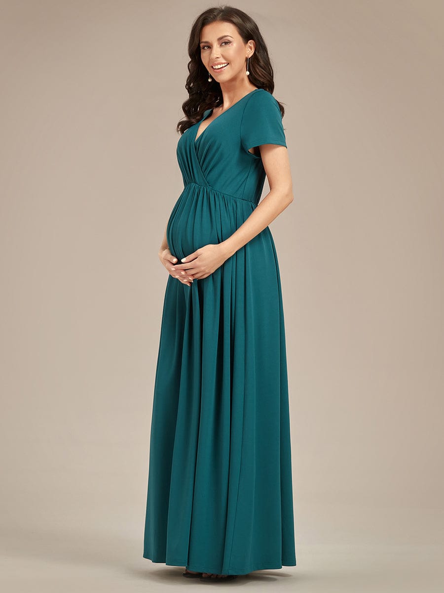 Comfortable Pleated V-Neck Short Sleeve Maternity Dress #color_Teal