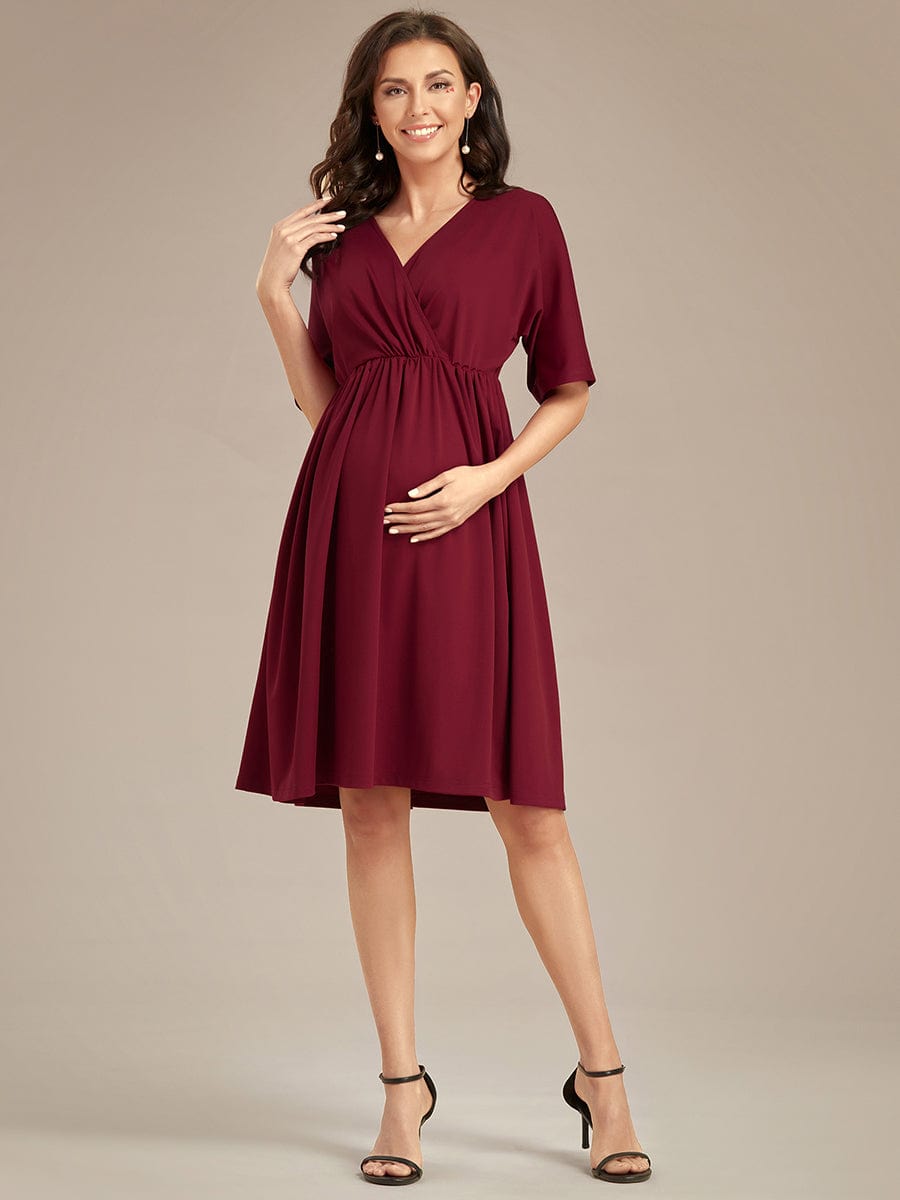 Loose V-Neck Half Sleeve Knee Length Maternity Dress #color_Burgundy