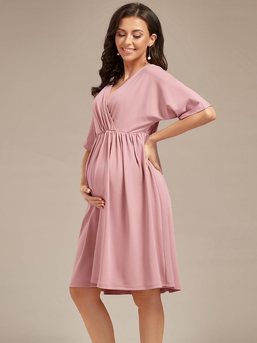 Loose V-Neck Half Sleeve Knee Length Maternity Dress #color_Dusty Rose