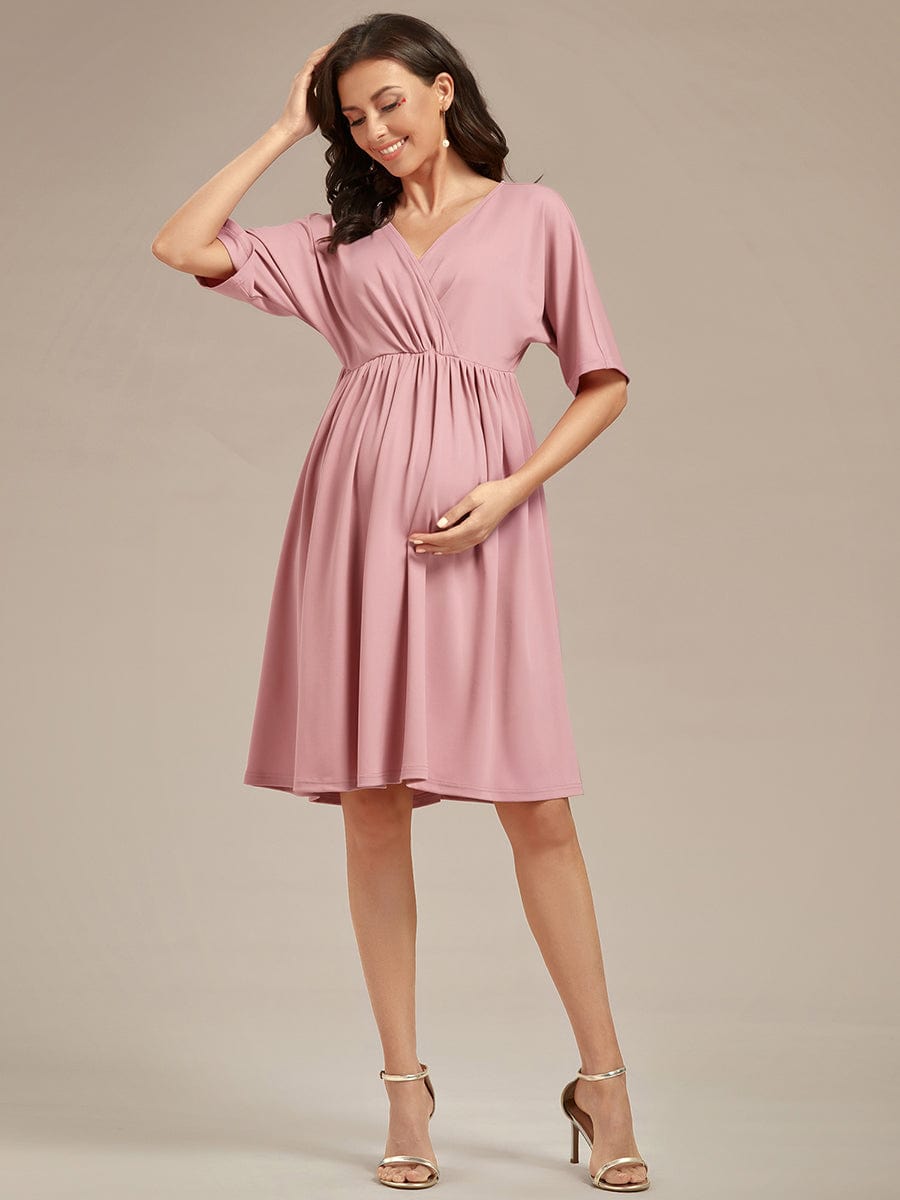 Loose V-Neck Half Sleeve Knee Length Maternity Dress #color_Dusty Rose