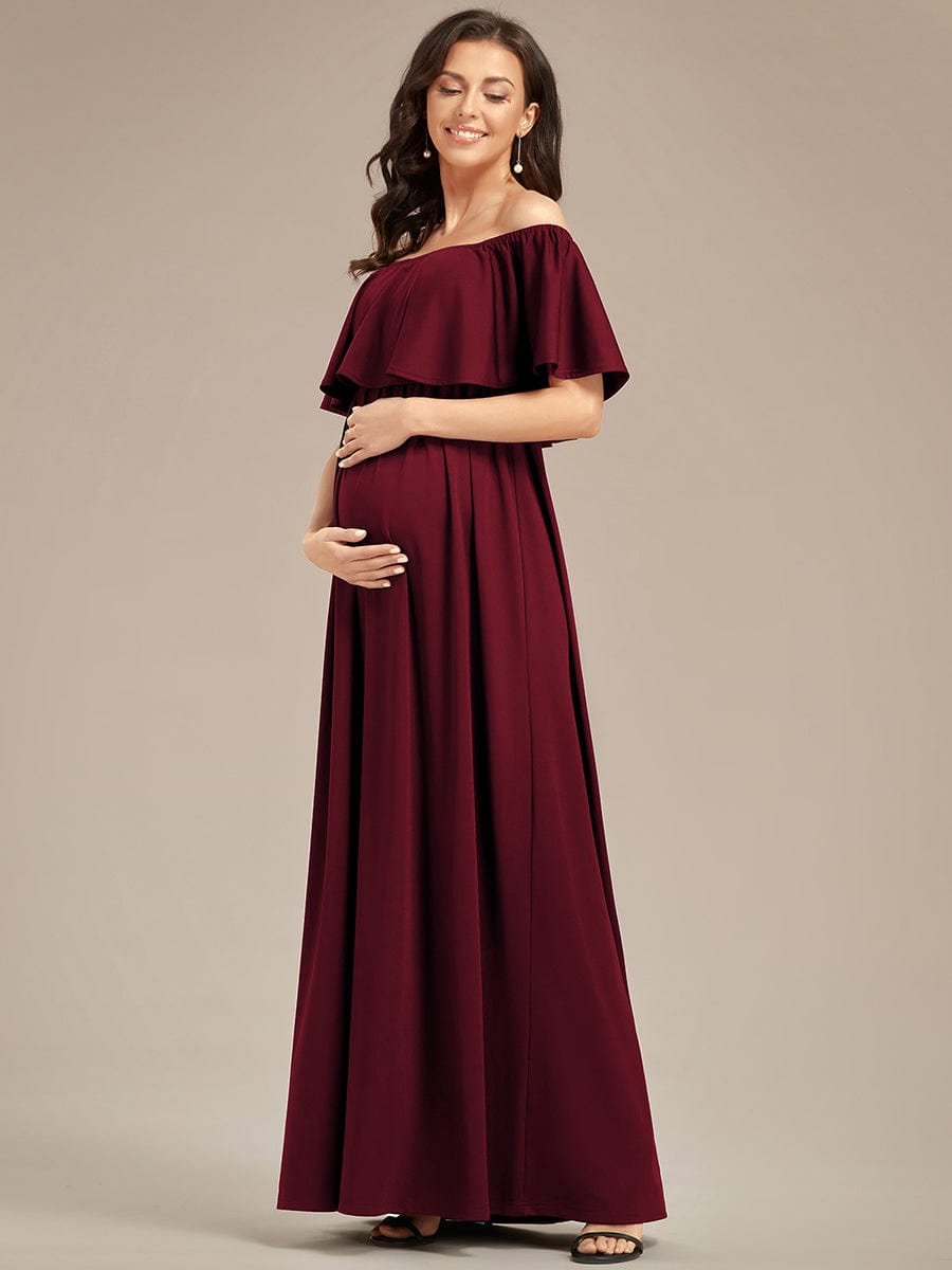 Flattering A-Line Maternity Dress with Off-Shoulder Ruffle #color_Burgundy