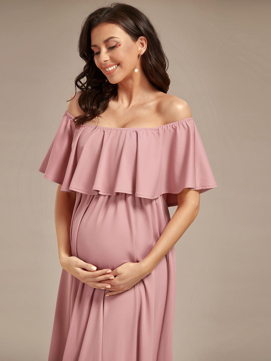 Flattering A-Line Maternity Dress with Off-Shoulder Ruffle #color_Dusty Rose