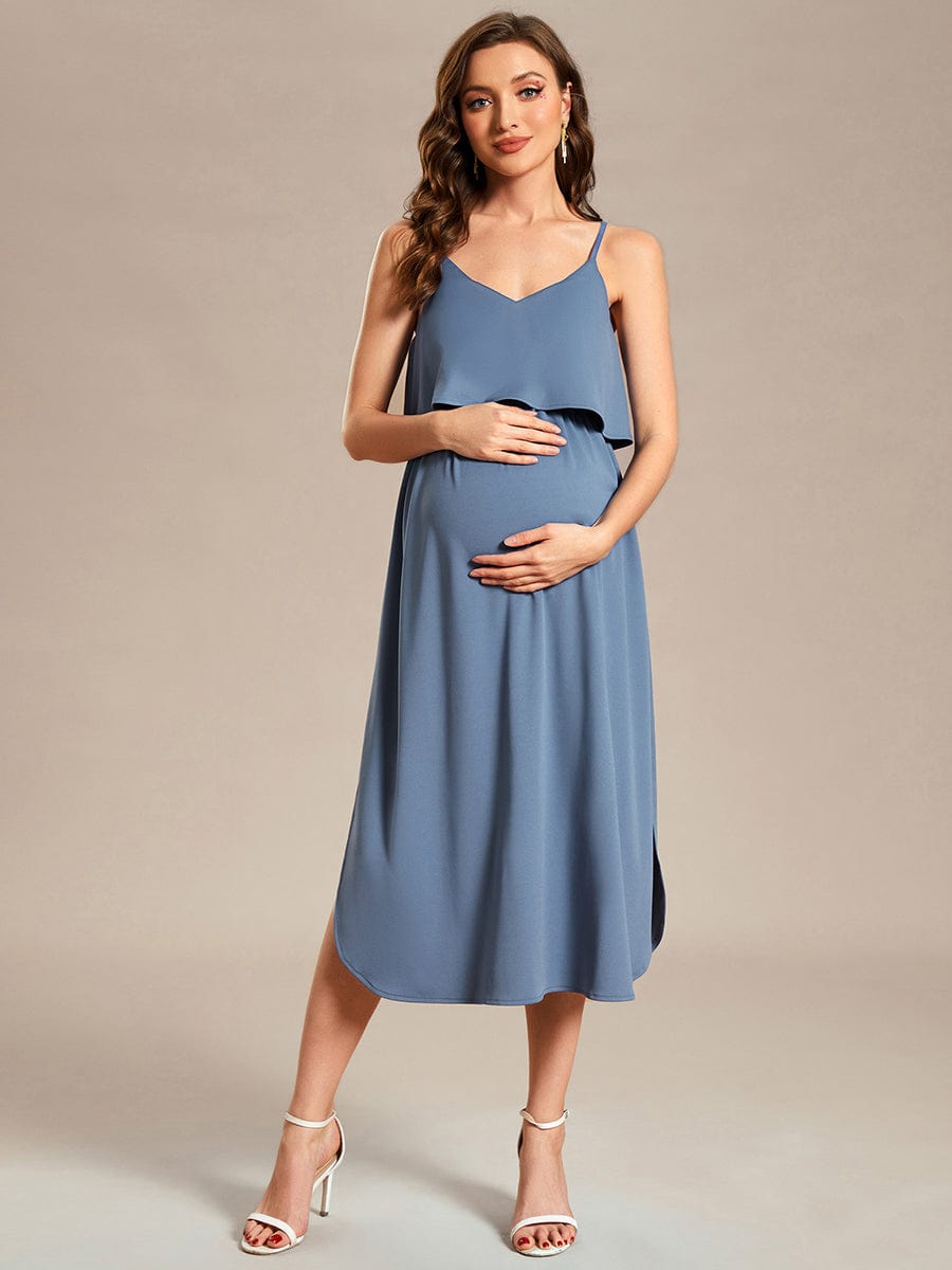 Airy Adjustable Spaghetti Straps Knee-Length A-Line Maternity Dress #color_Dusty Blue