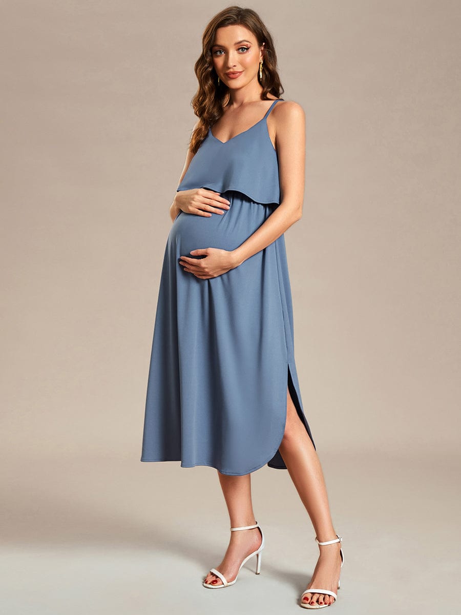 Airy Adjustable Spaghetti Straps Knee-Length A-Line Maternity Dress #color_Dusty Blue