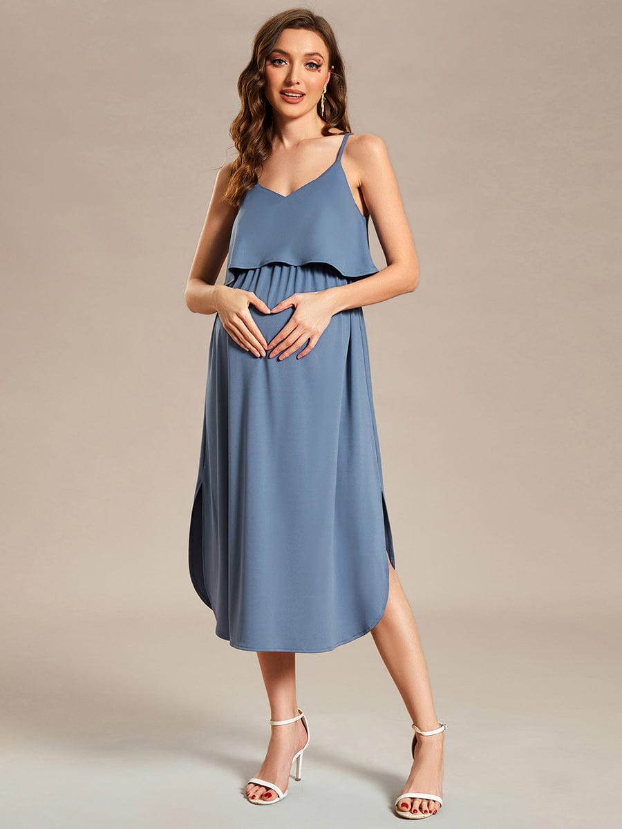 Airy Adjustable Spaghetti Straps Knee-Length A-Line Maternity Dress #color_Dusty Blue