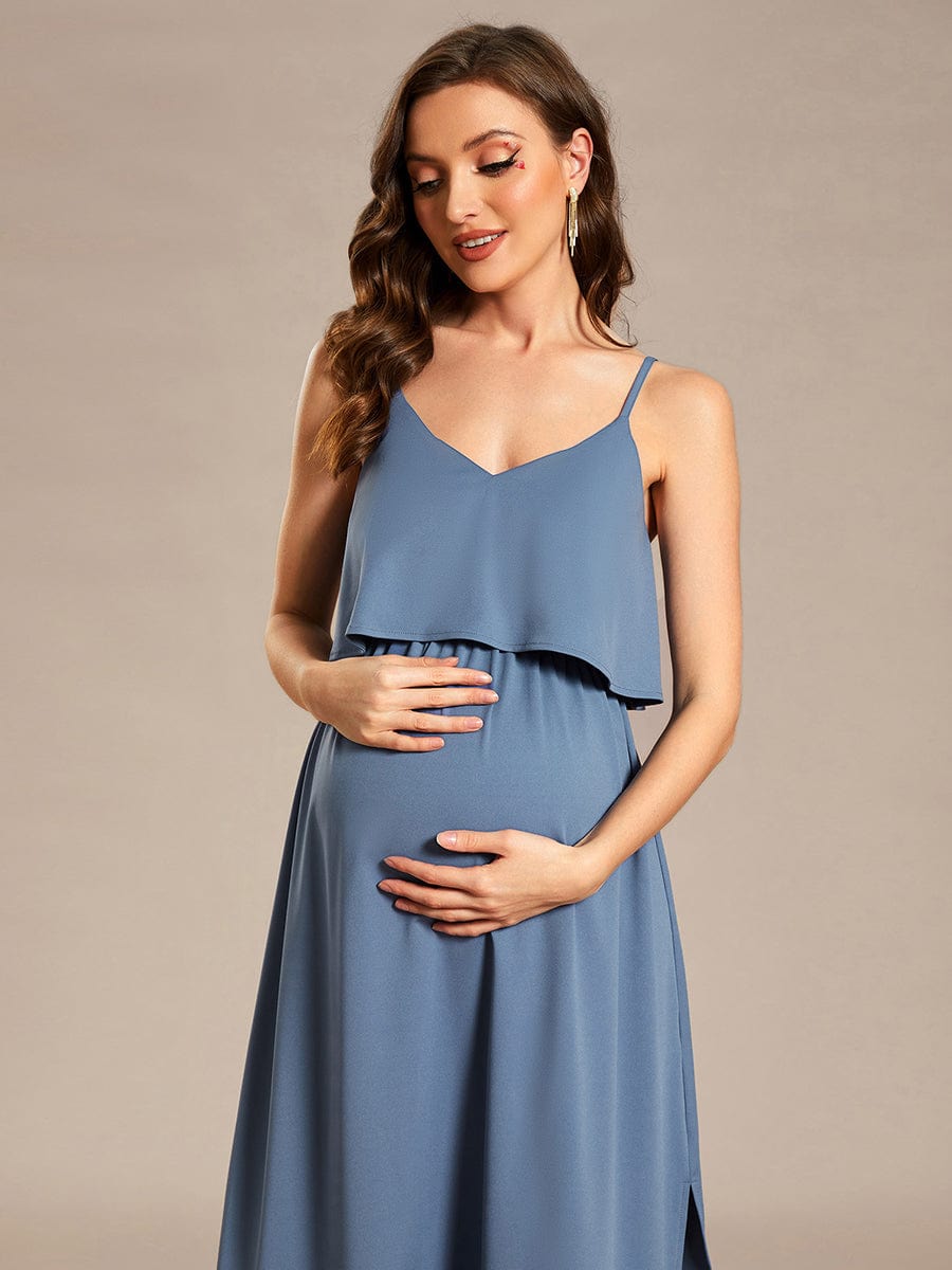 Airy Adjustable Spaghetti Straps Knee-Length A-Line Maternity Dress #color_Dusty Blue