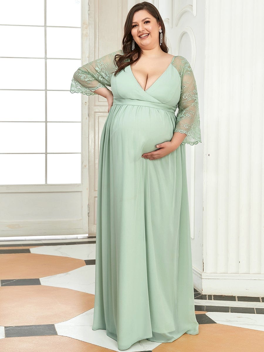 Plus Size V Neck Maternity Formal Dress with Sleeves - Ever-Pretty US