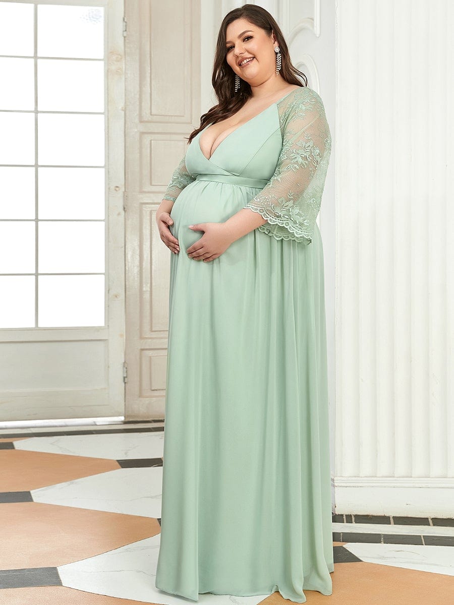 Plus Size V Neck Maternity Formal Dress with Sleeves #color_Mint Green