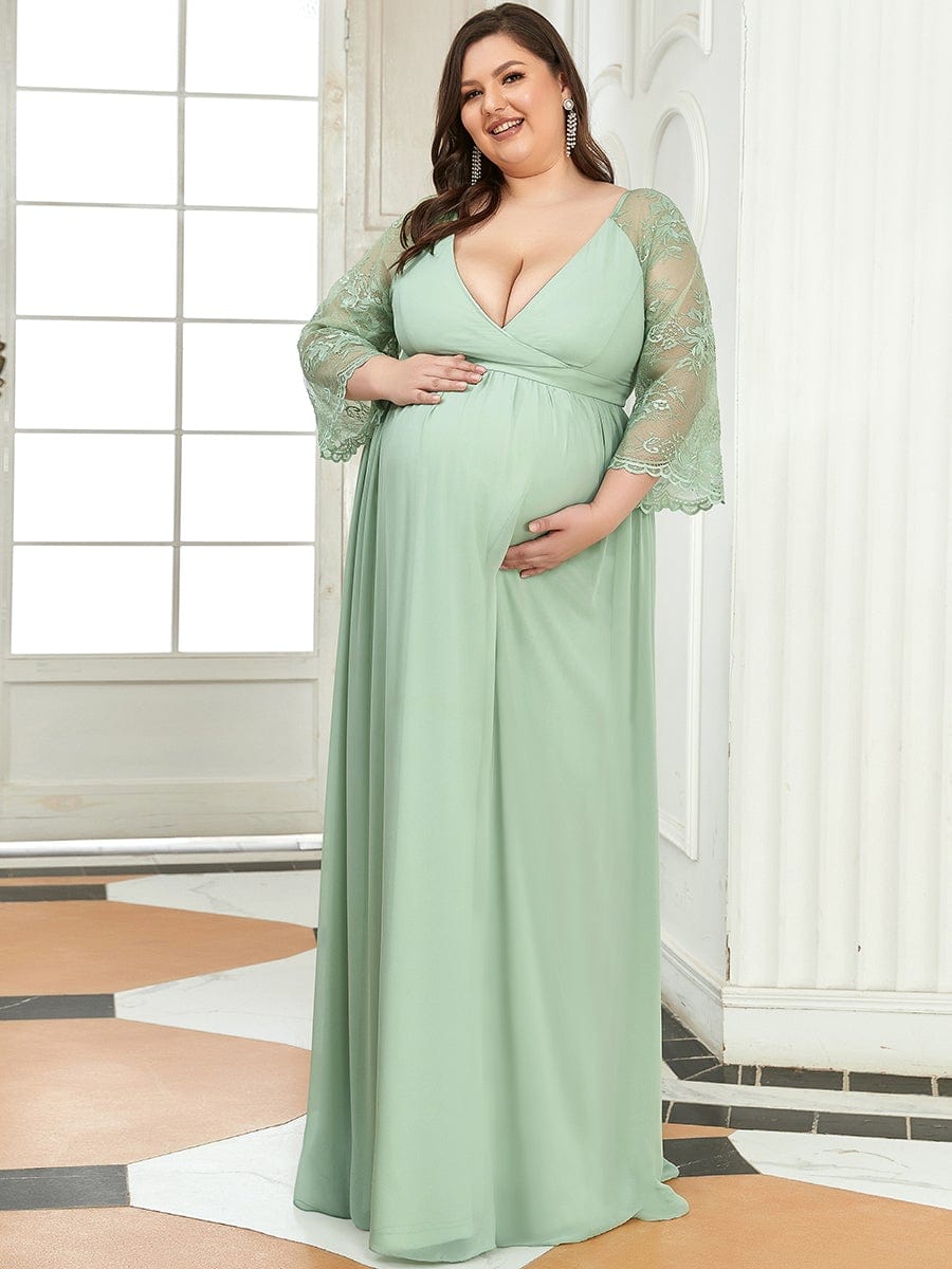 Plus Size V Neck Maternity Formal Dress with Sleeves - Ever-Pretty US