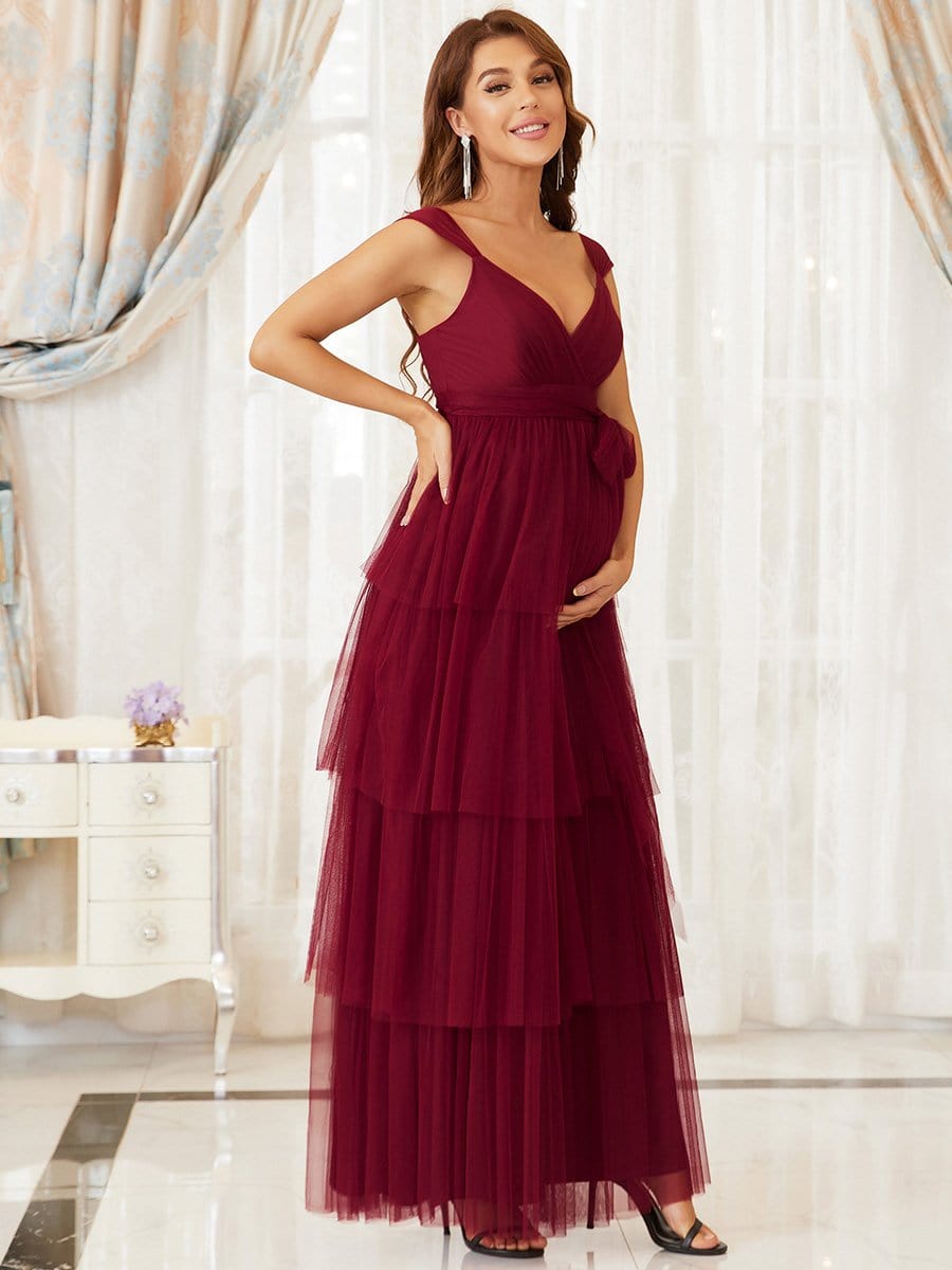 Plus Size Tie Waist V-Neck Tiered Floor-length Maternity Dress #color_Burgundy