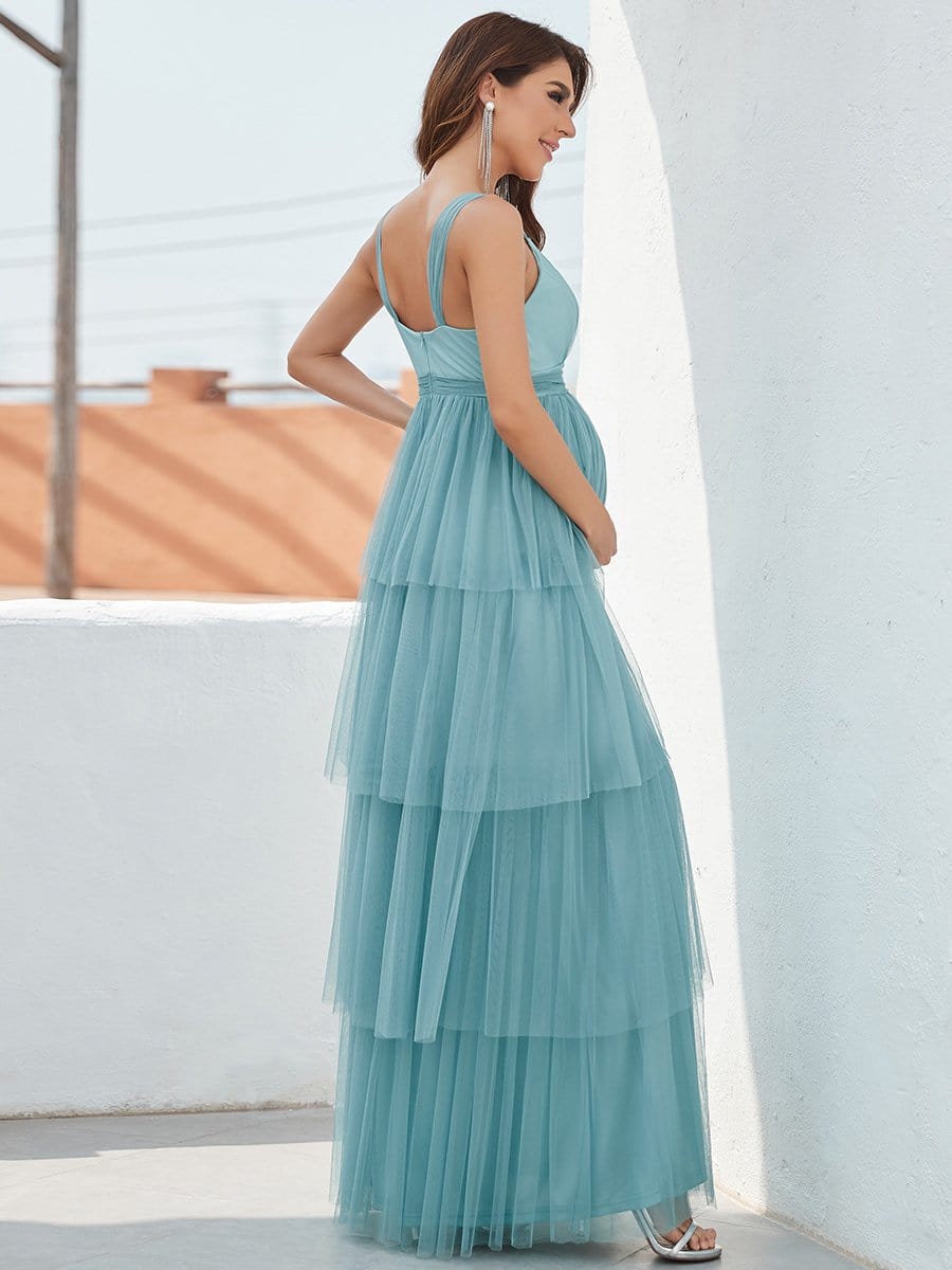 Plus Size Tie Waist V-Neck Tiered Floor-length Maternity Dress #color_Light Teal