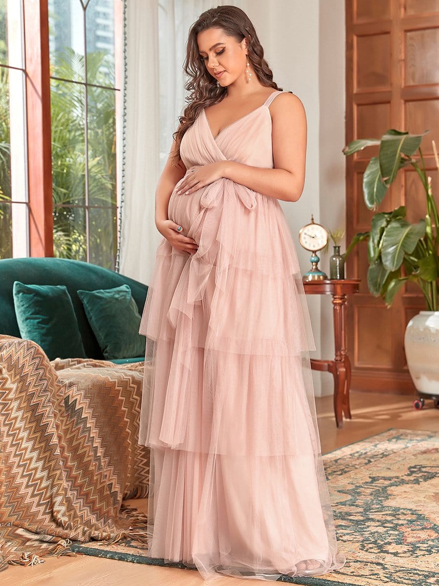 Plus Size Tie Waist V-Neck Tiered Floor-length Maternity Dress #color_Pink