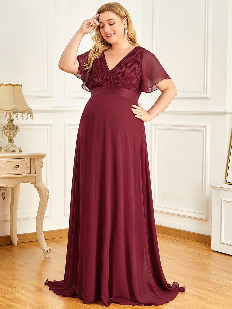 Plus Size Ruffle Sleeve Floor-Length Formal Maternity Dress #color_Burgundy 