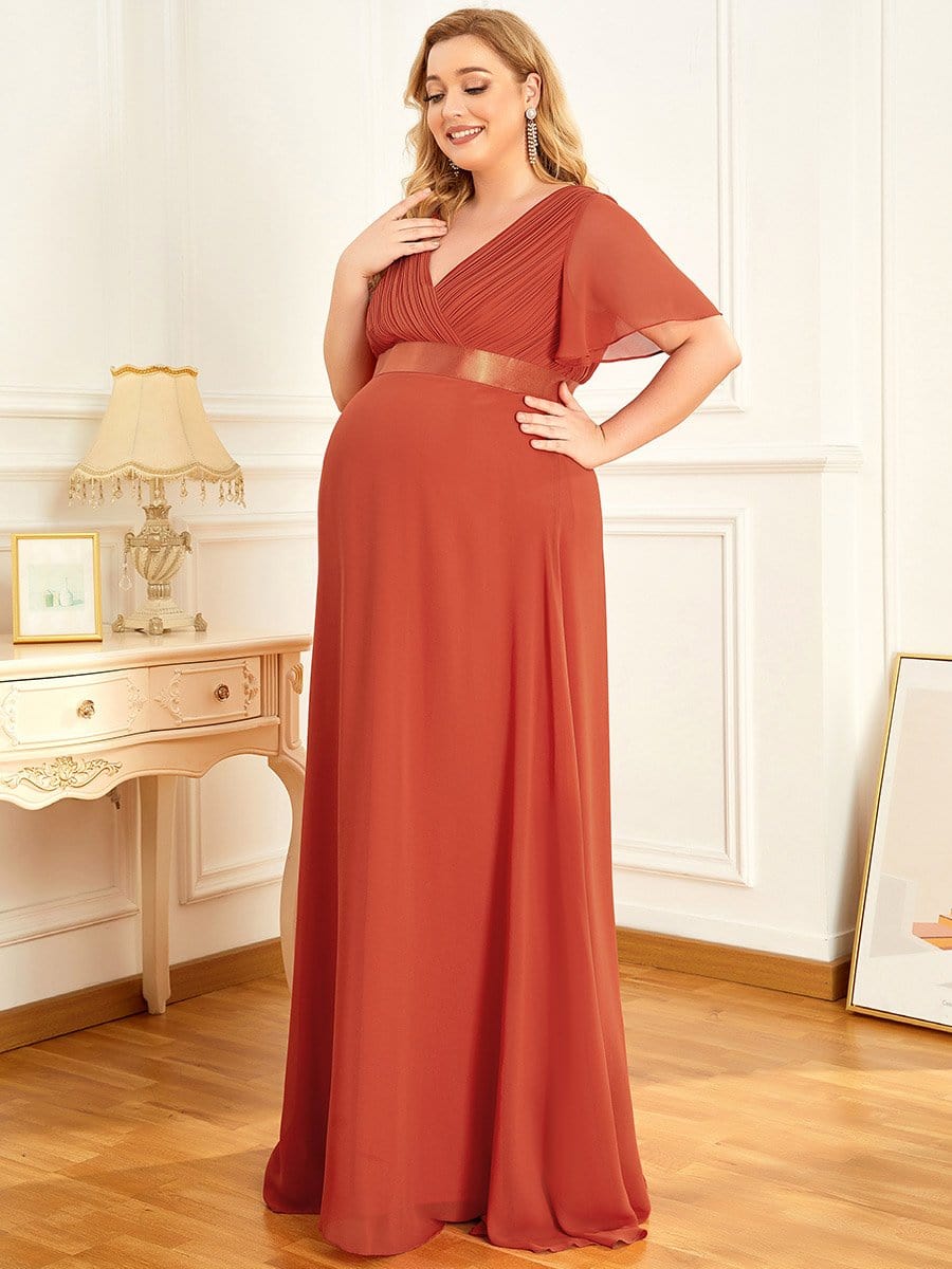 Plus Size Ruffle Sleeve Floor-Length Formal Maternity Dress #color_Burnt Orange 