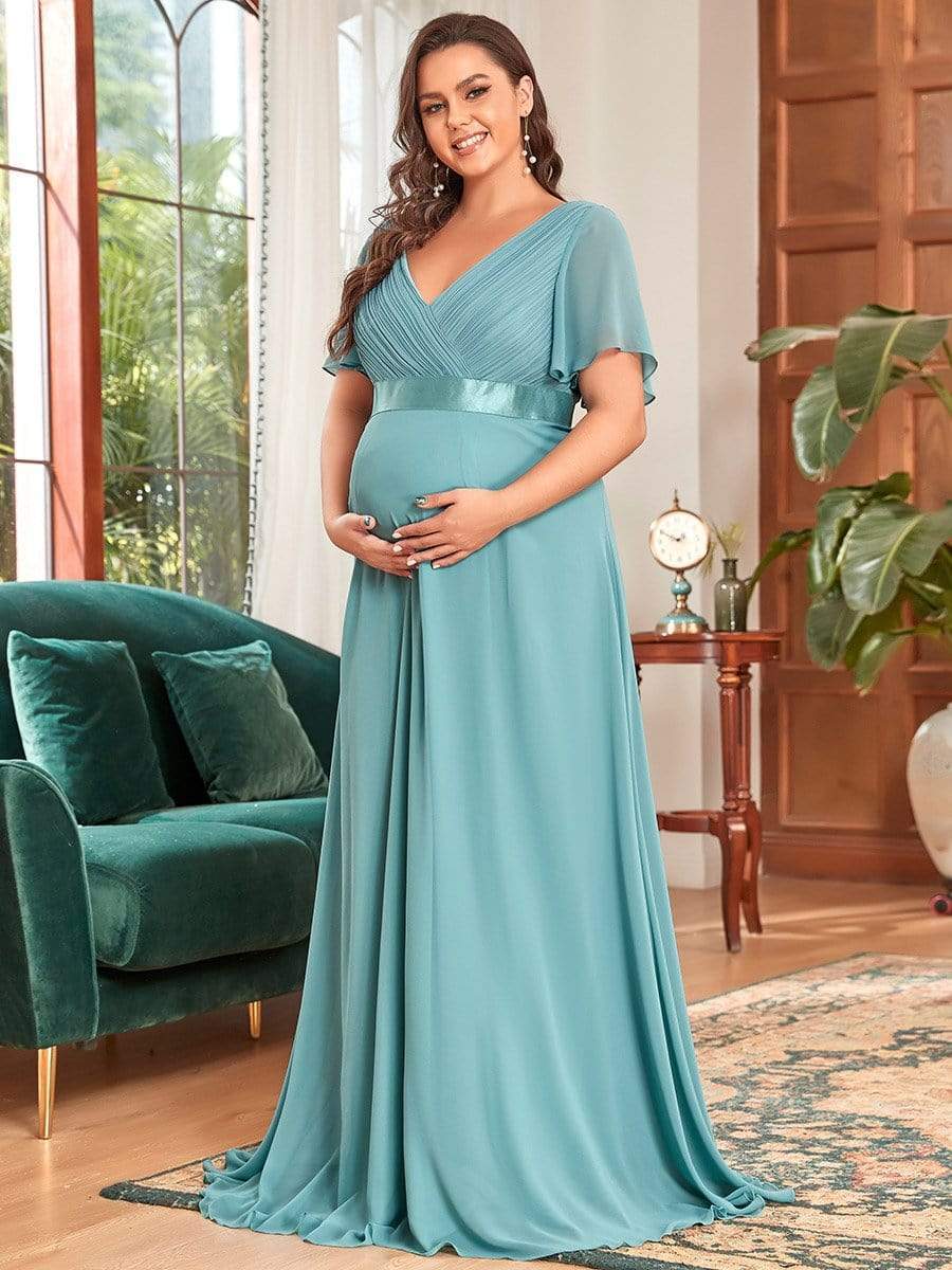 Plus Size Ruffle Sleeve Floor-Length Formal Maternity Dress #color_Light Teal 