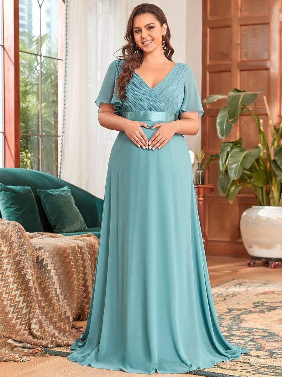 Plus Size Ruffle Sleeve Floor-Length Formal Maternity Dress #color_Light Teal 