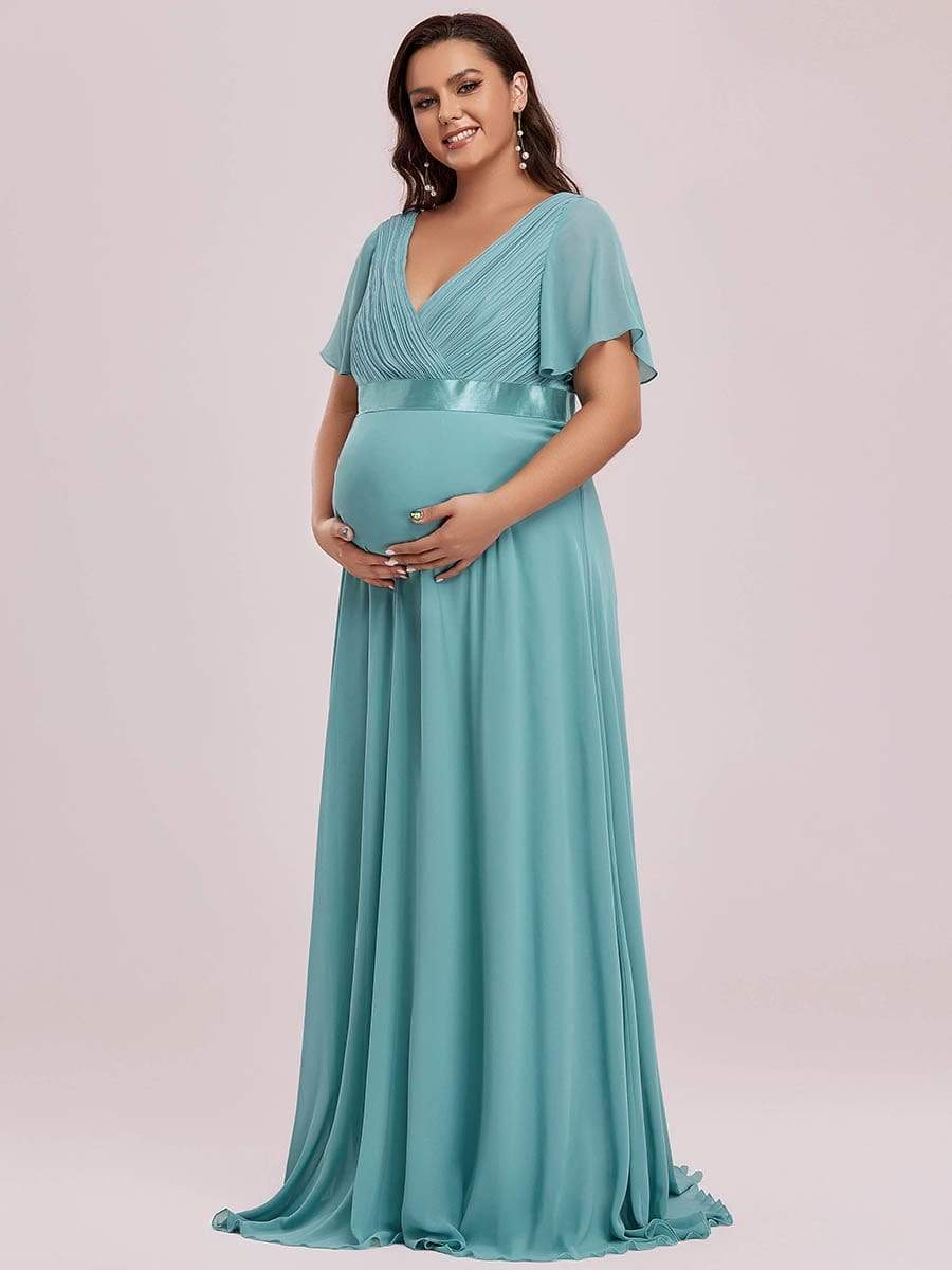 Plus Size Ruffle Sleeve Floor-Length Formal Maternity Dress #color_Light Teal 