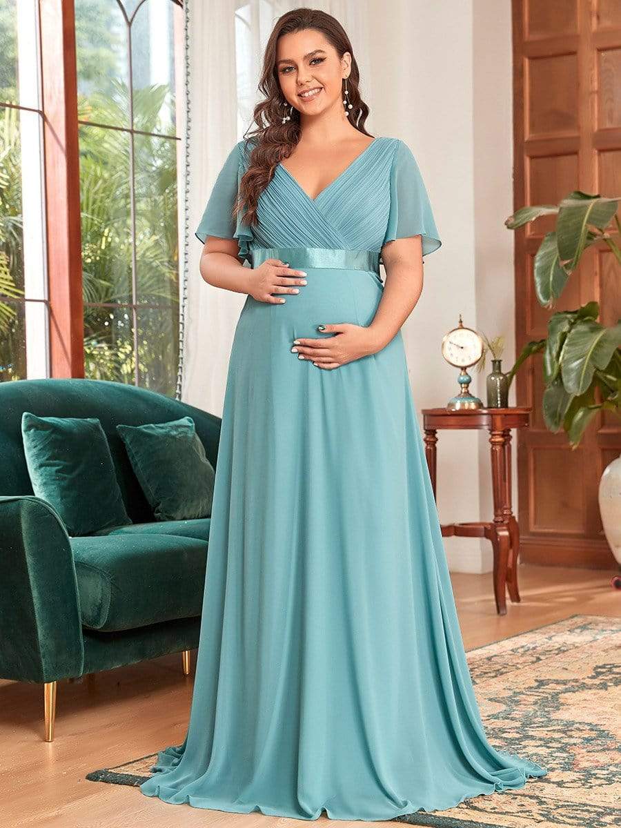 Plus Size Ruffle Sleeve Floor-Length Formal Maternity Dress #color_Light Teal 