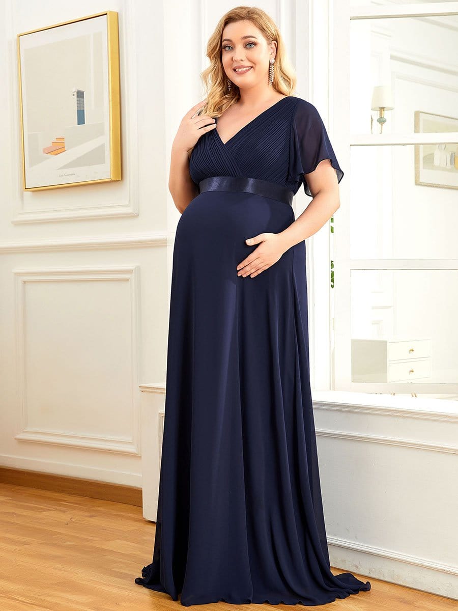 Plus Size Ruffle Sleeve Floor-Length Formal Maternity Dress #color_Navy Blue 