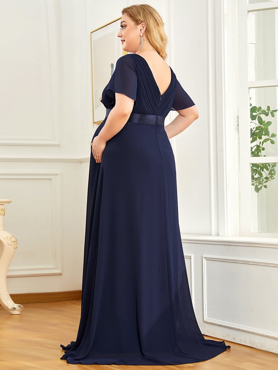 Plus Size Ruffle Sleeve Floor-Length Formal Maternity Dress #color_Navy Blue 