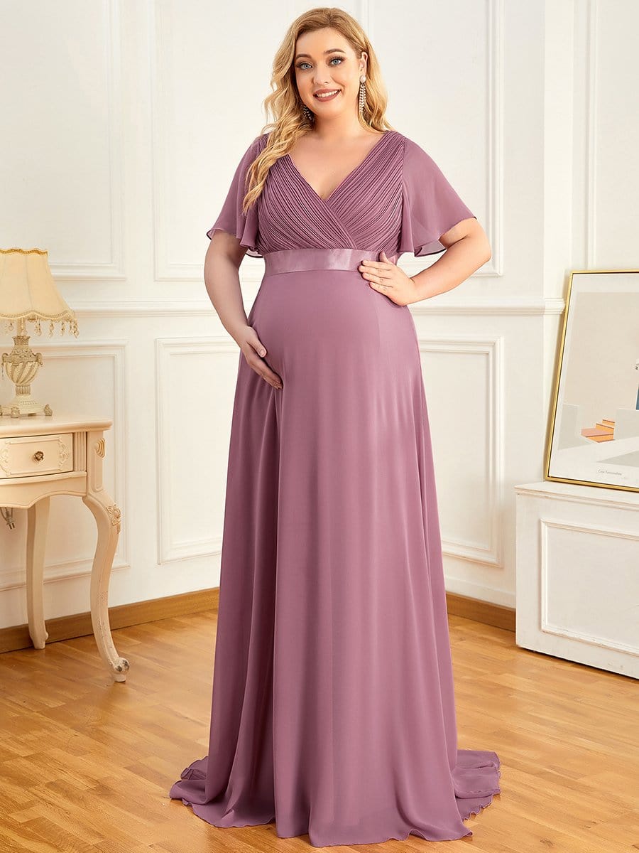 Plus Size Formal Short Sleeve Ribbon Waist Floor-Length Maternity Dress -  Ever-Pretty US