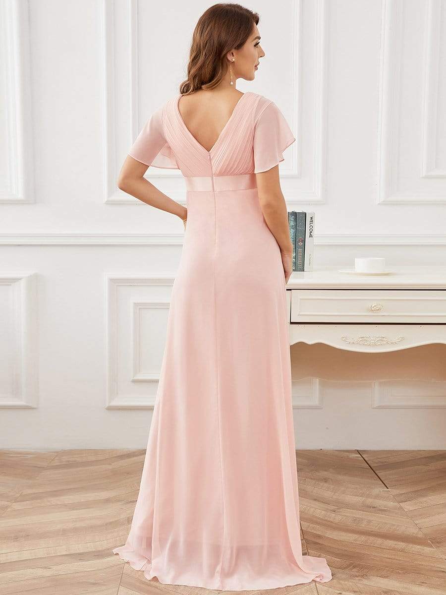 Ruched Bodice Flowy Chiffon Floor-Length Bump Friendly Dress with Sleeves #color_Pink 