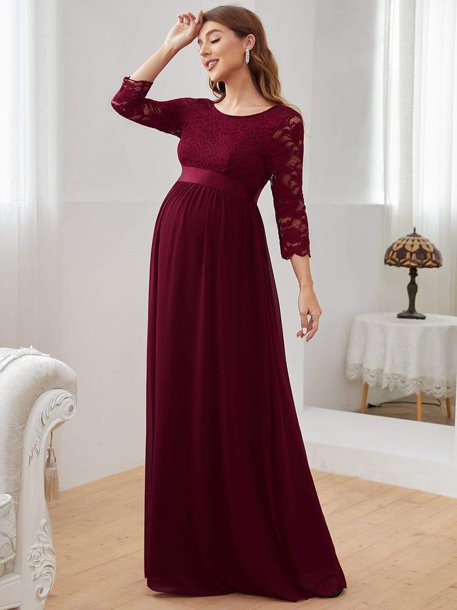 Sweetheart 3/4 Sleeve Floor-Length Lace Bump Friendly Dress #color_Burgundy 