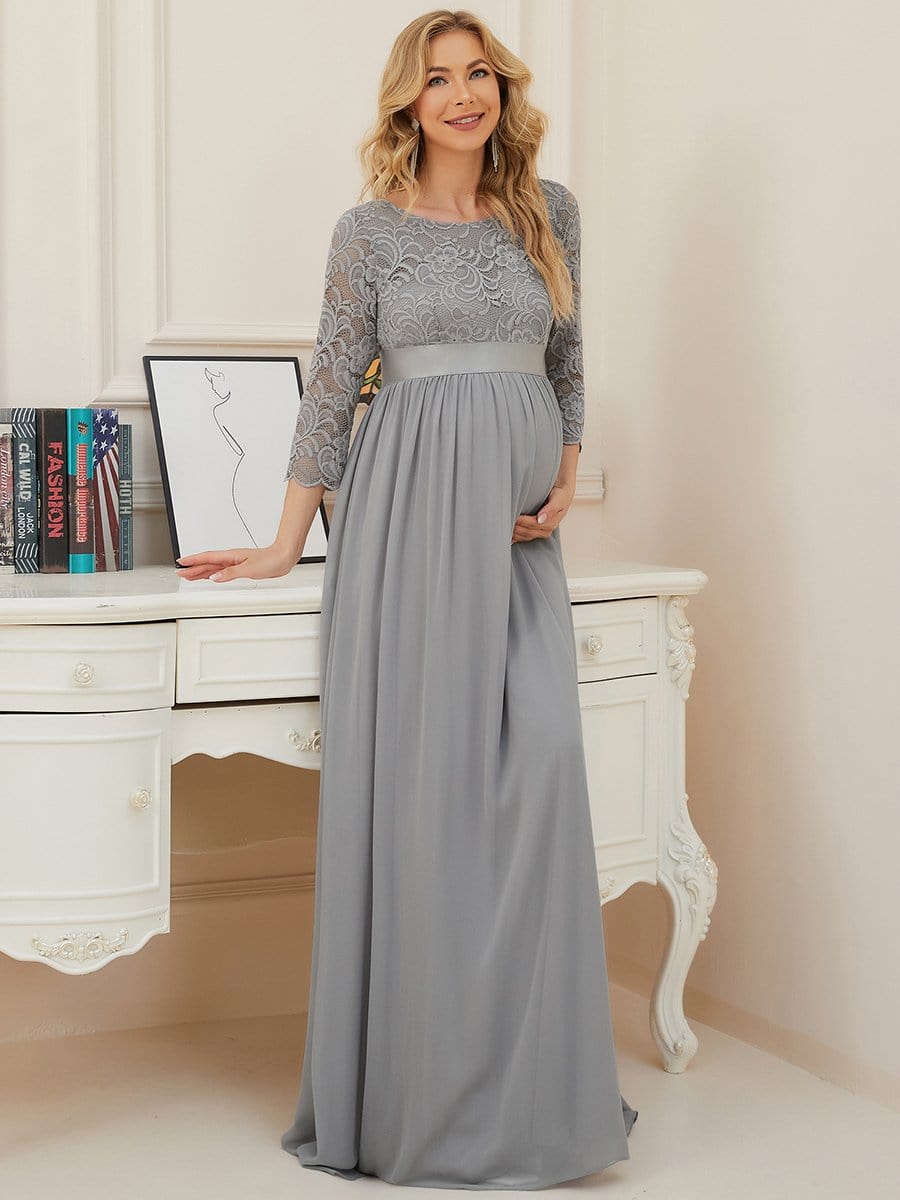 Sweetheart 3/4 Sleeve Floor-Length Lace Bump Friendly Dress #color_Grey 