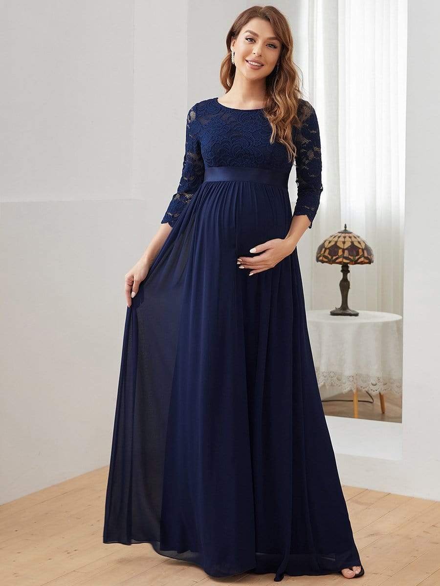 Sweetheart 3/4 Sleeve Floor-Length Lace Bump Friendly Dress #color_Navy Blue 