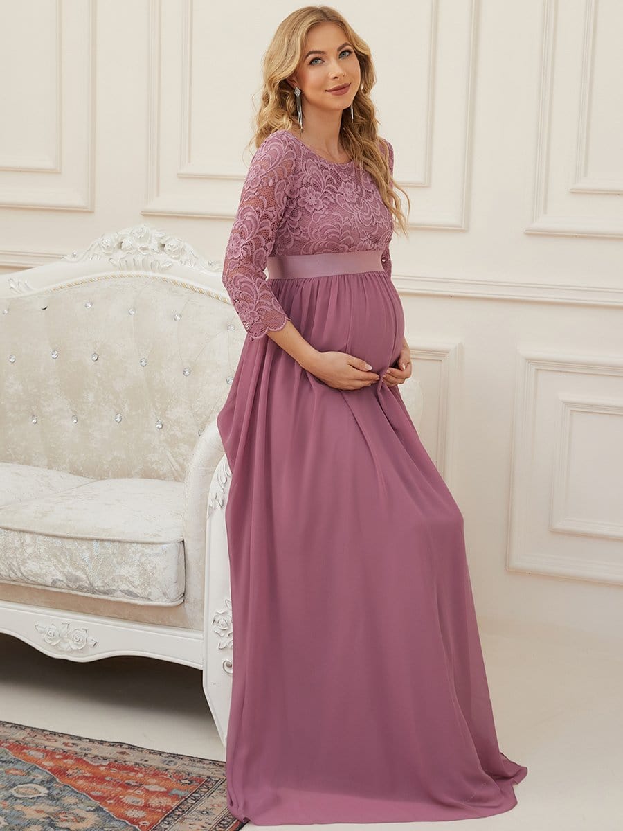 Sweetheart 3/4 Sleeve Floor-Length Lace Bump Friendly Dress #color_Purple Orchid 