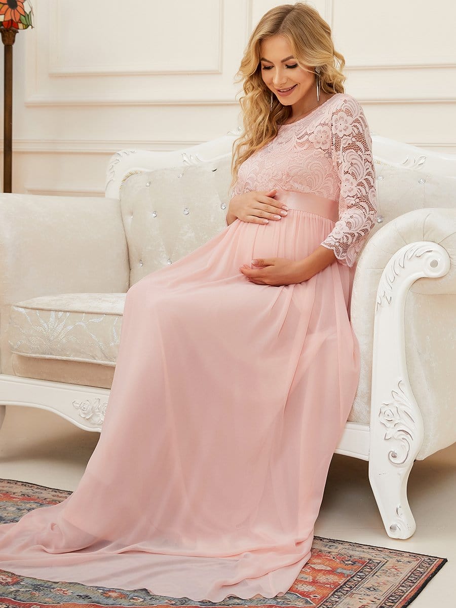 Sweetheart 3/4 Sleeve Floor-Length Lace Bump Friendly Dress #color_Pink 