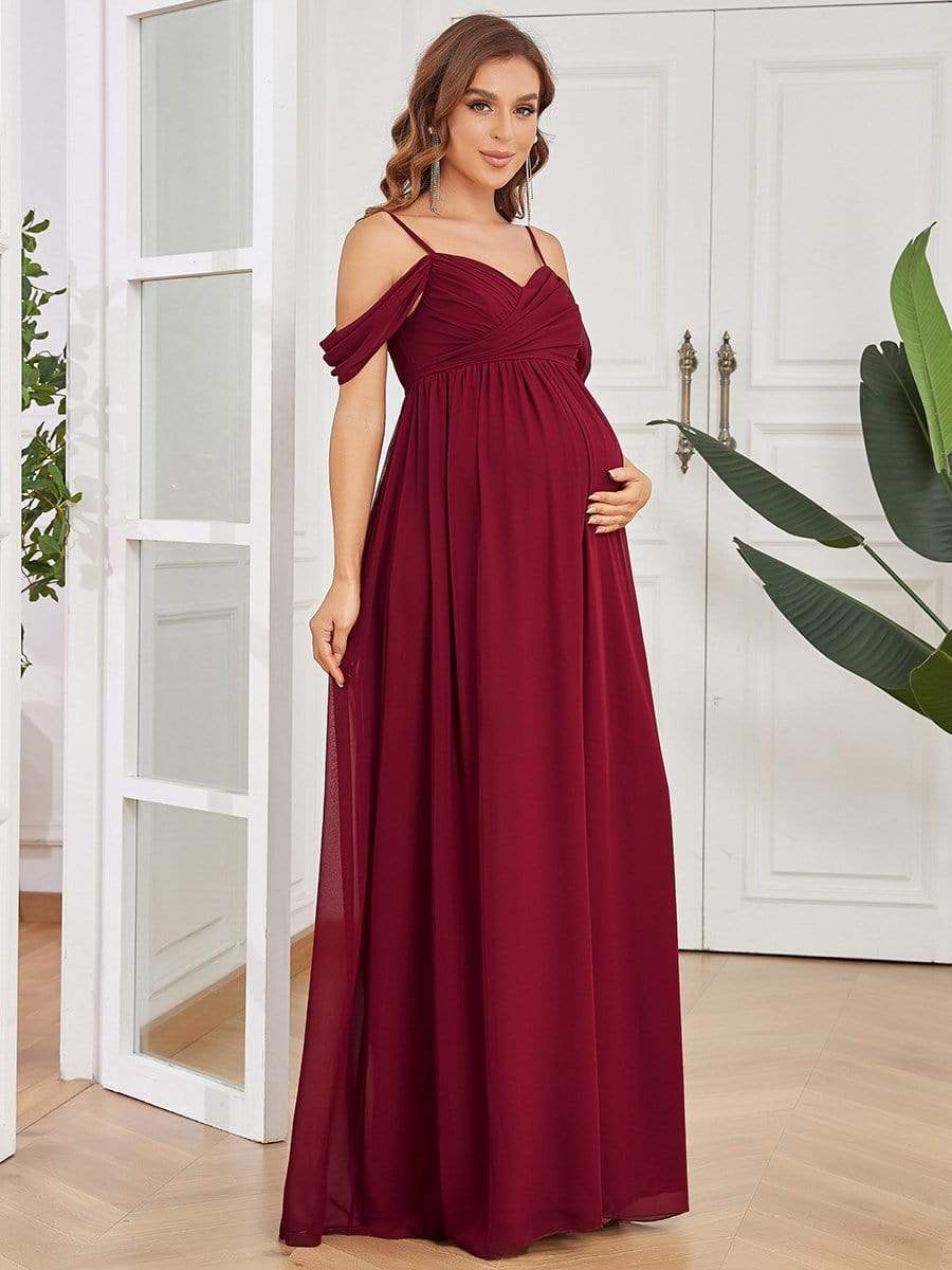 Off-Shoulder Spaghetti Strap A-Line Maternity Dress #color_Burgundy