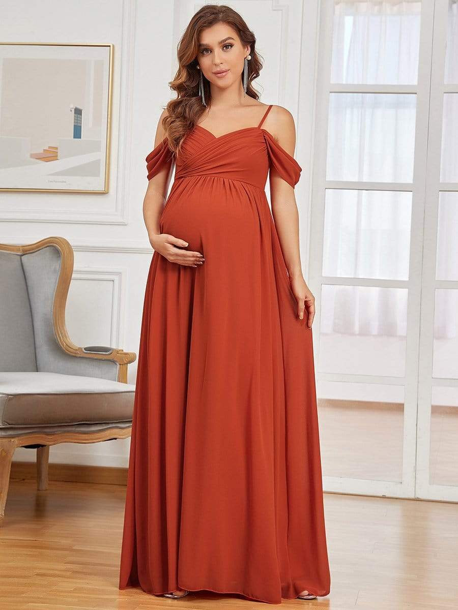 Off-Shoulder Spaghetti Strap A-Line Maternity Dress #color_Burnt Orange