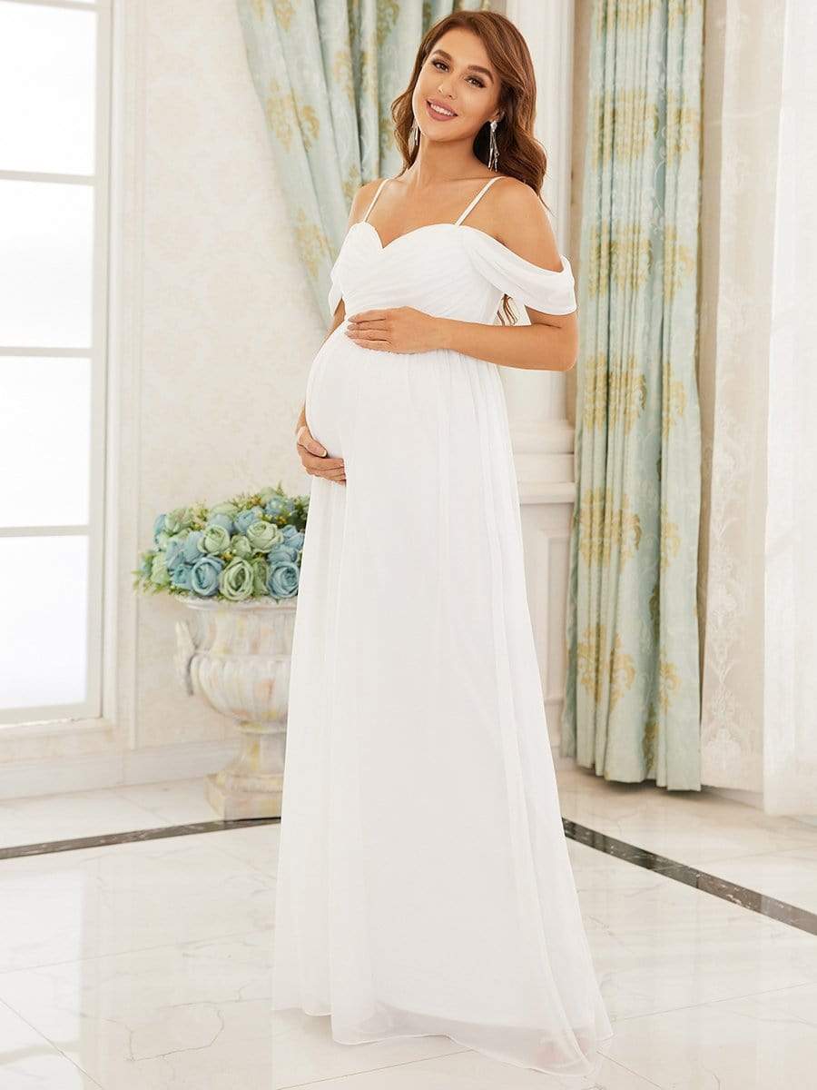 Off-Shoulder Spaghetti Strap A-Line Maternity Dress #color_Cream