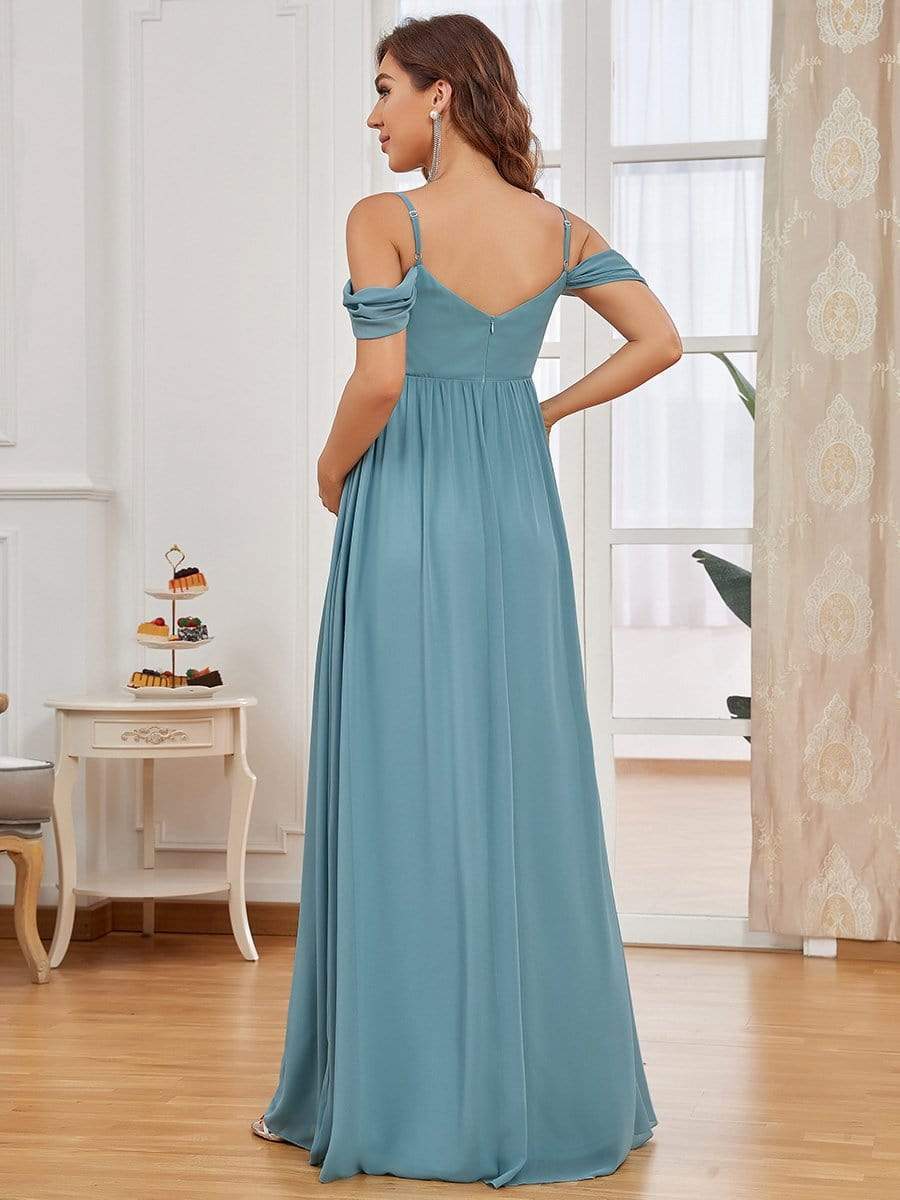 Off-Shoulder Spaghetti Strap A-Line Maternity Dress #color_Light Teal