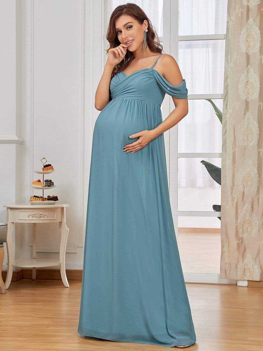 Off-Shoulder Spaghetti Strap A-Line Maternity Dress #color_Light Teal