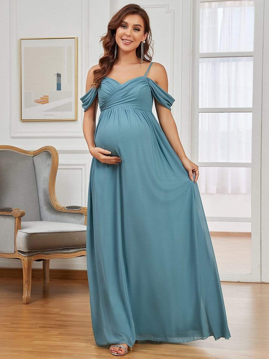 Off-Shoulder Spaghetti Strap A-Line Maternity Dress #color_Light Teal