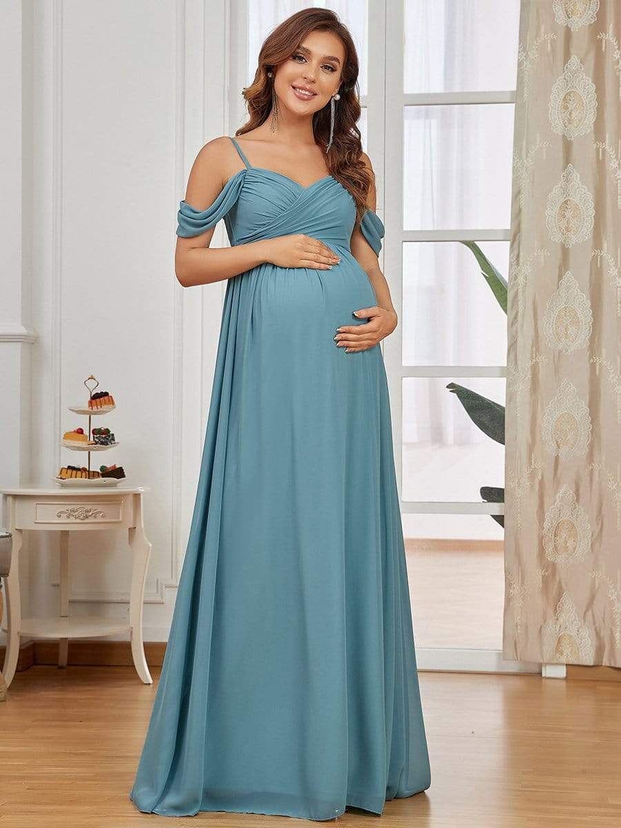 Off-Shoulder Spaghetti Strap A-Line Maternity Dress #color_Light Teal