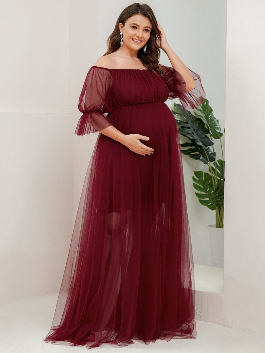 Plus Size Off-Shoulder Tulle Double Skirt Maxi Maternity Dress #color_Burgundy