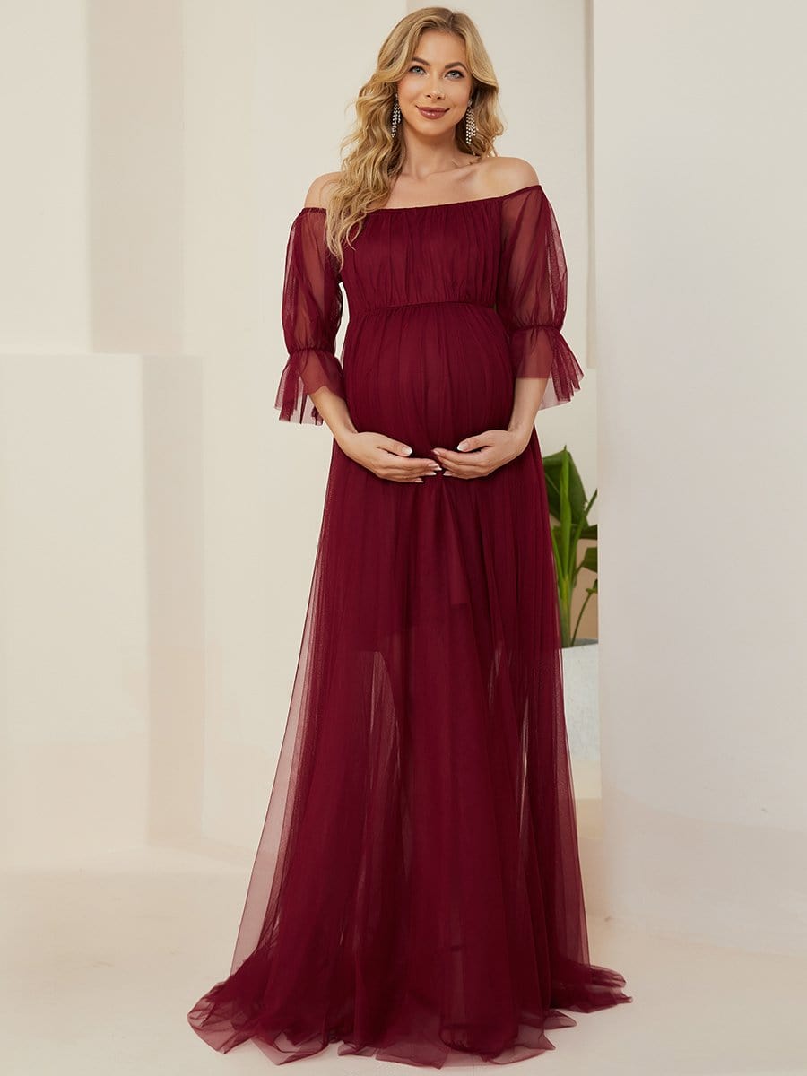 Sheer Off-Shoulder Double Skirt Maxi Maternity Dress #color_Burgundy