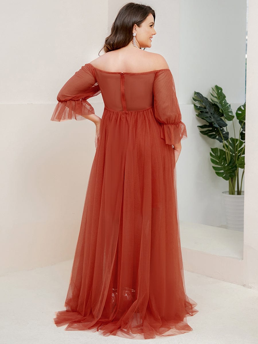 Plus Size Off-Shoulder Tulle Double Skirt Maxi Maternity Dress #color_Burnt Orange