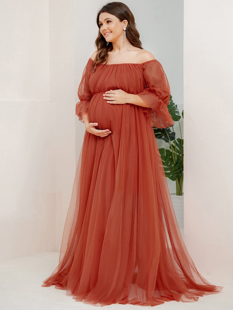 Plus Size Off-Shoulder Tulle Double Skirt Maxi Maternity Dress #color_Burnt Orange