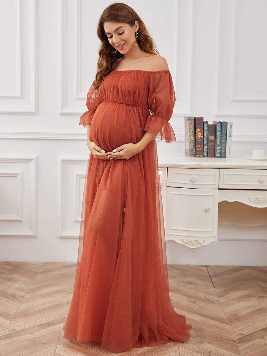 Sheer Off-Shoulder Double Skirt Maxi Maternity Dress #color_Burnt Orange