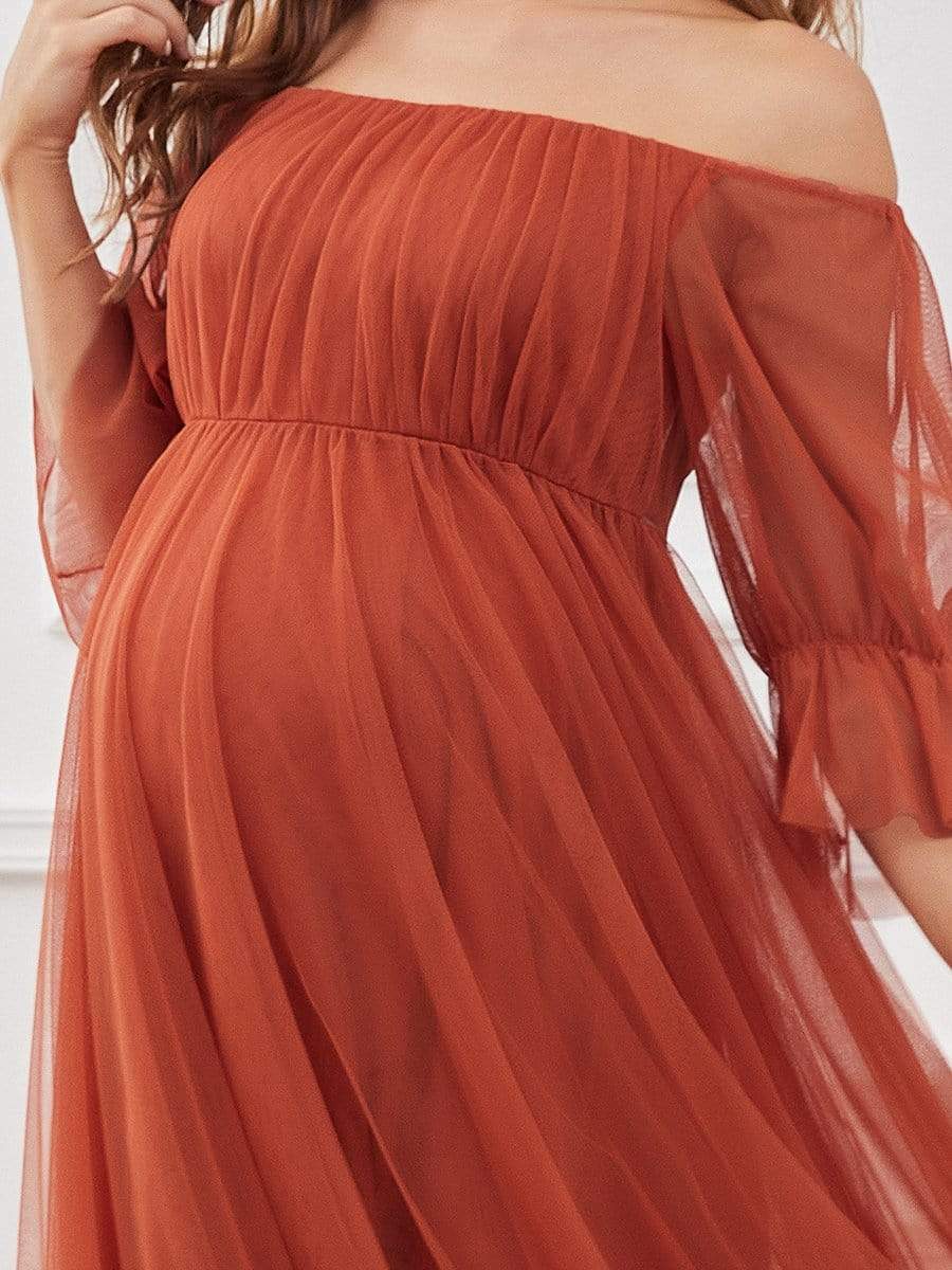 Sheer Off-Shoulder Double Skirt Maxi Maternity Dress #color_Burnt Orange