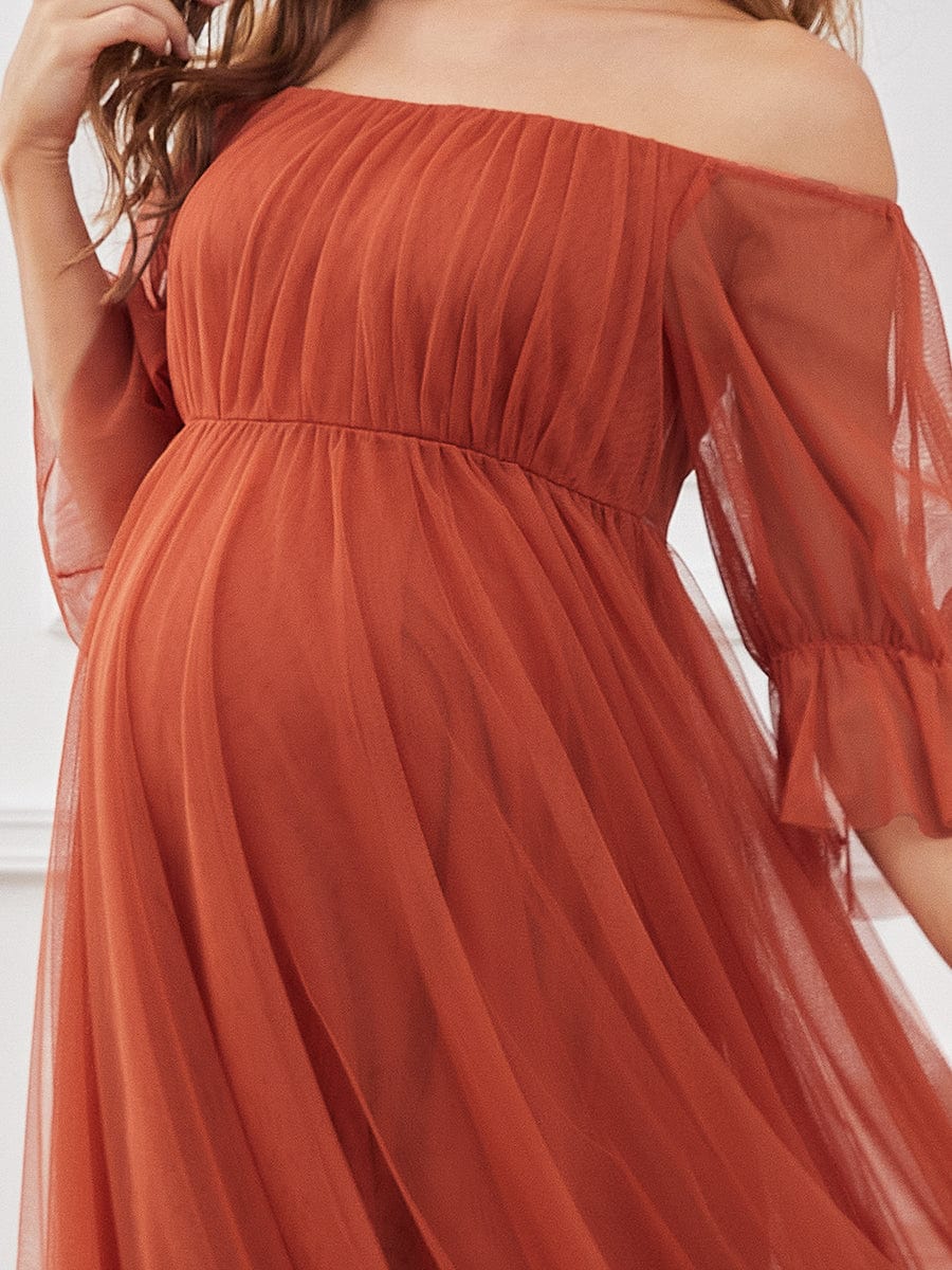 Plus Size Off-Shoulder Tulle Double Skirt Maxi Maternity Dress #color_Burnt Orange