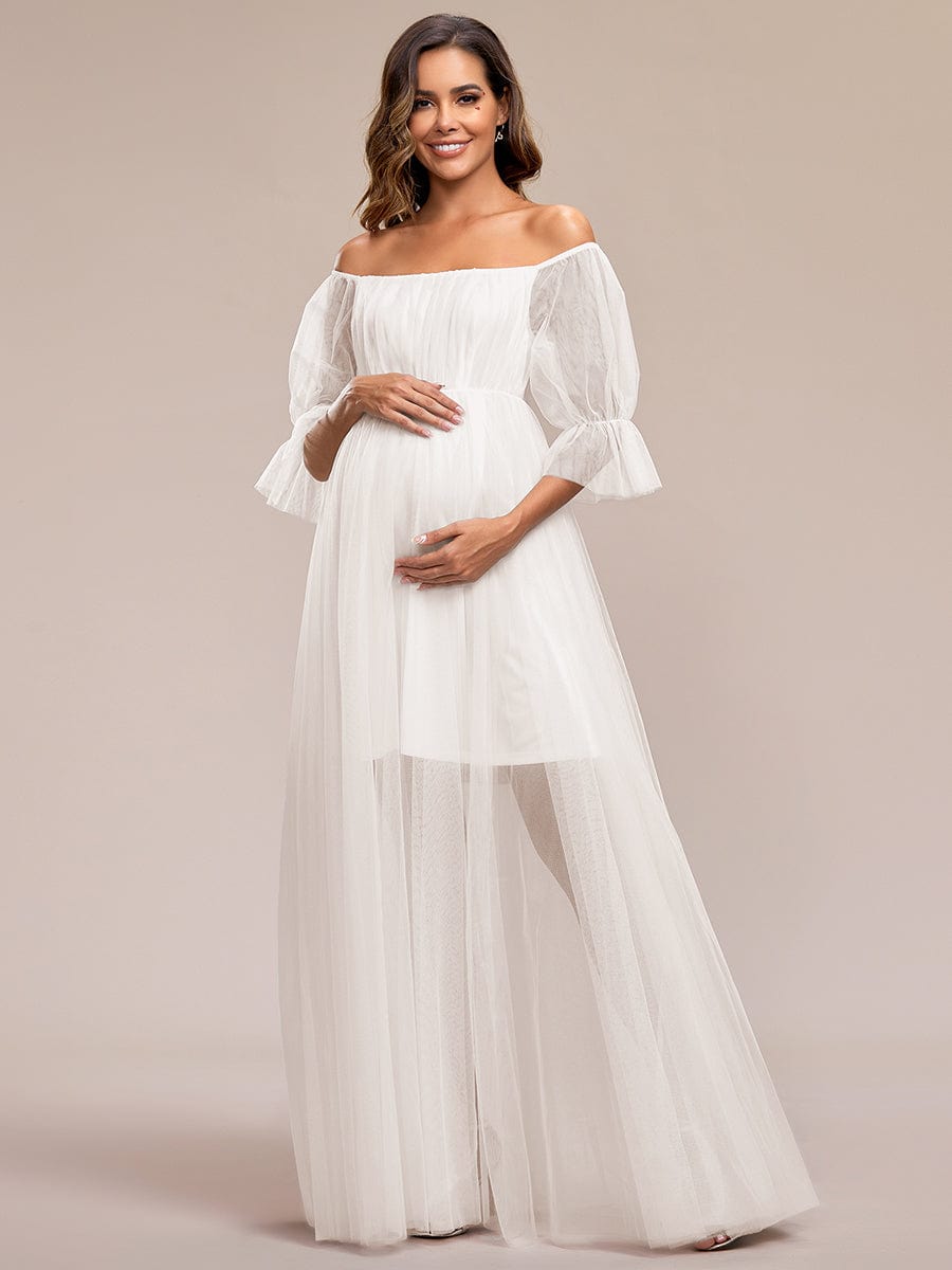 Sheer Off-Shoulder Double Skirt Maxi Maternity Dress #color_Cream