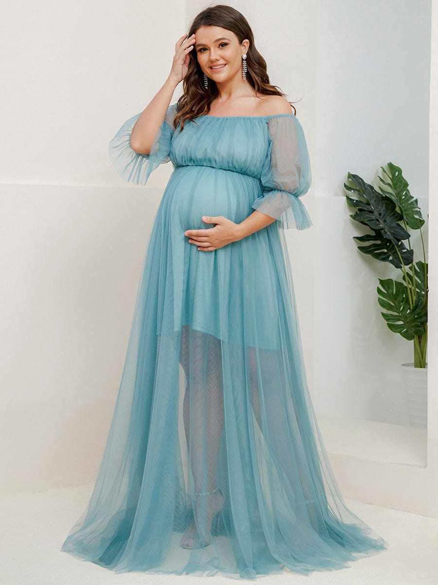 Plus Size Off-Shoulder Tulle Double Skirt Maxi Maternity Dress #color_Light Teal