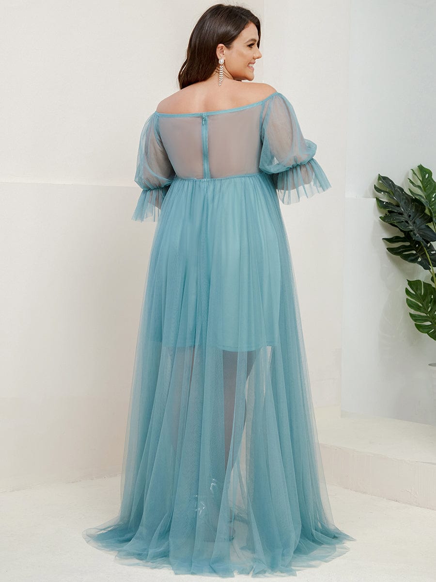 Plus Size Off-Shoulder Tulle Double Skirt Maxi Maternity Dress #color_Dusty Blue
